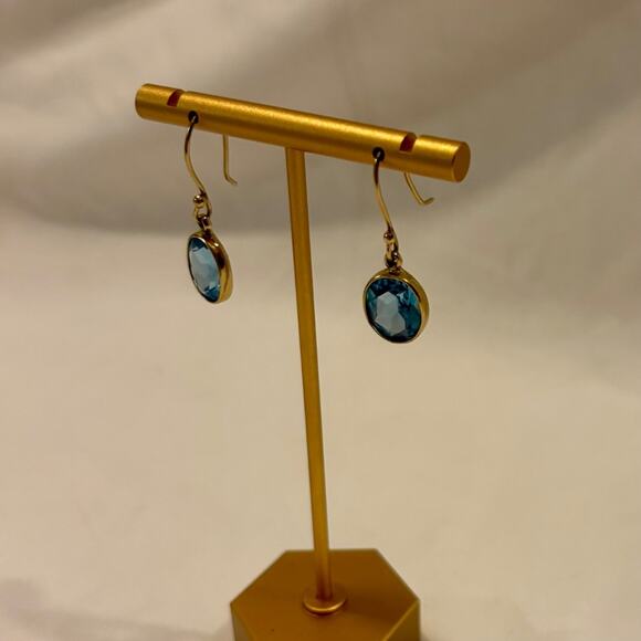 Elegant Blue Crystal Drop Earrings – Gold-Tone Bezel Setting – Dangle Hook Style - Picture 4 of 5